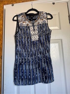 Alfani Navy & White Embroidered Sleeveless Tunic